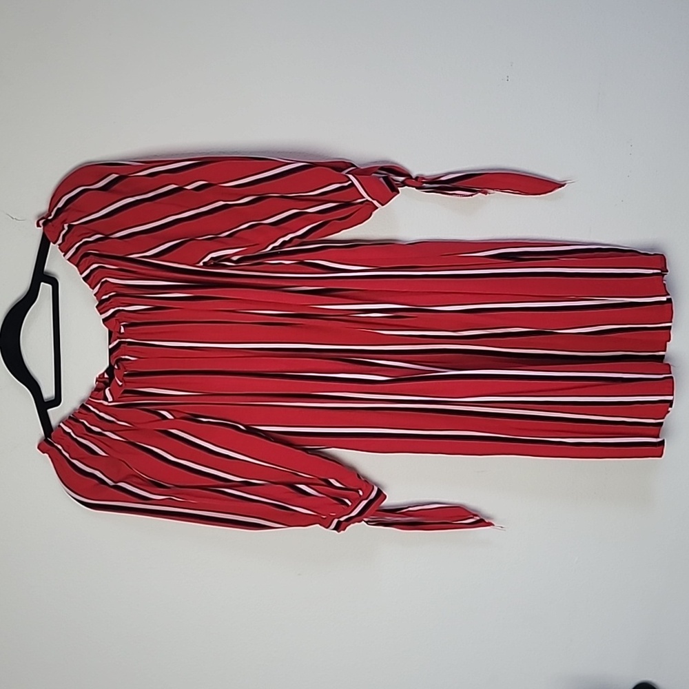 Seven Islands Red Stripe Peasant Dress Size 1X Boho Tie Sleeve Shift Dress